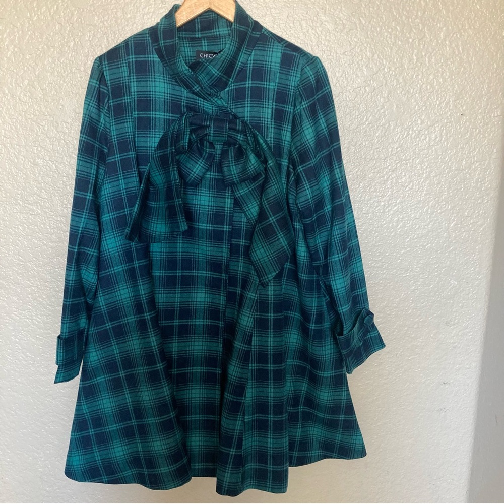 ChicWish Green Tartan Dolly Dress Coat Large Bow Women’s Medium Boho Chic Indie